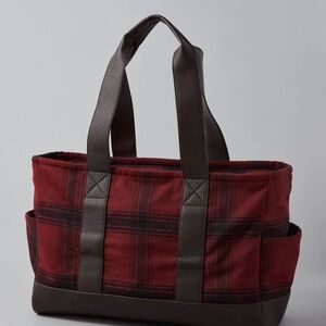 American Eagle Outfitters Red Plaid Duffel Tote with Brown Trim new